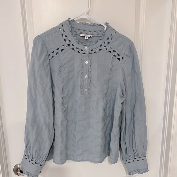 Sam Edelman Light Blue Ruffled 4 Button Popover Blouse Wavy Rickrack SZ XL - Picture 1 of 10
